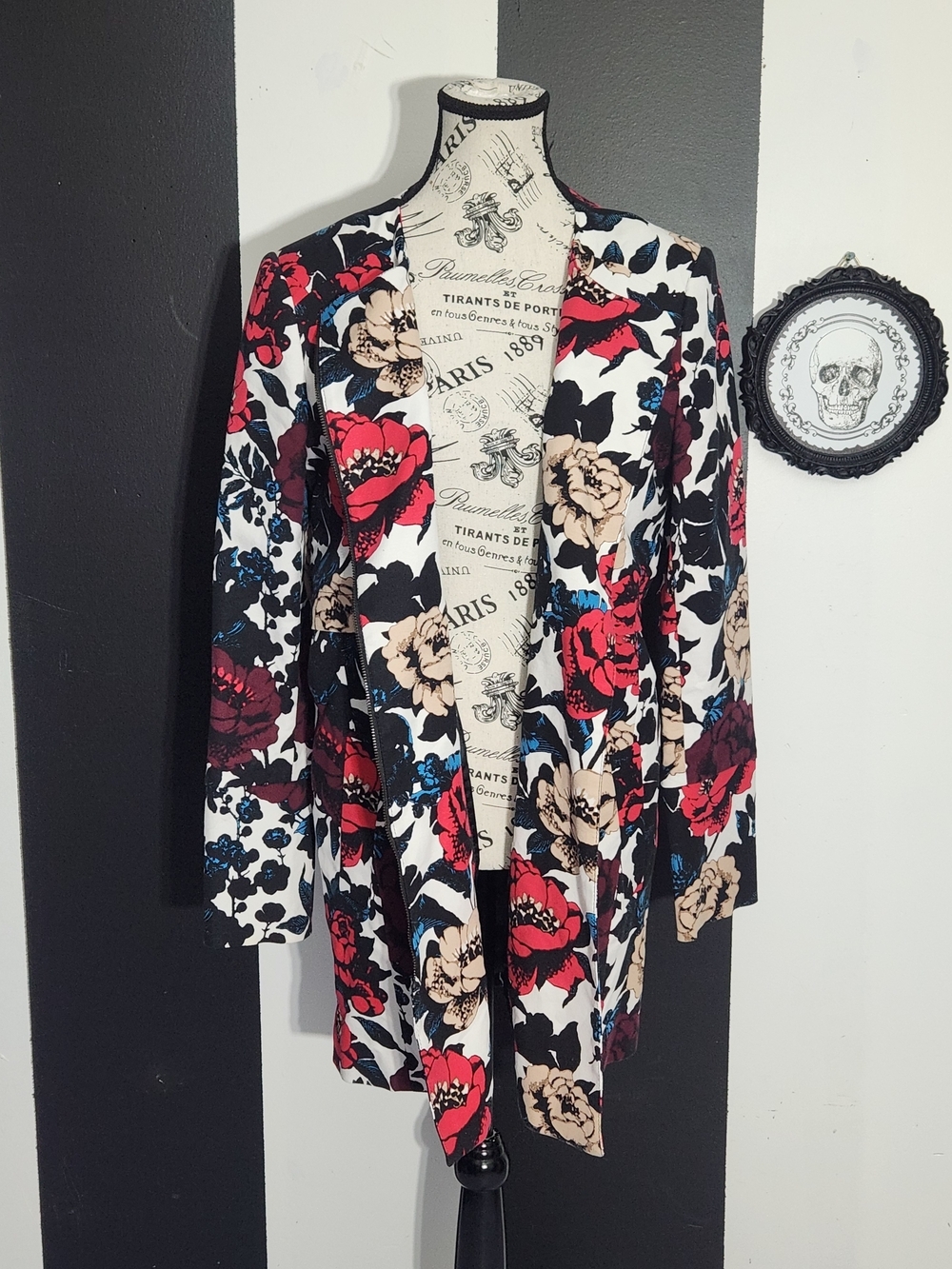 Adrianna Papell Floral Open-Front Trench Coat - Pink Red, Cream, Black, Blue